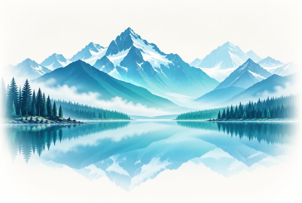 Illustration of the Canadian Rocky Mountains reflected in a calm alpine lake